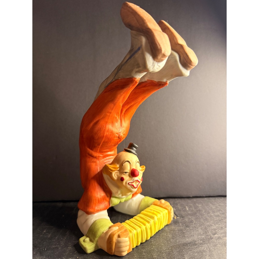 Vintage Ceramic Handstand Clown Figurine Accordion Player Orange Bisque 8 inch